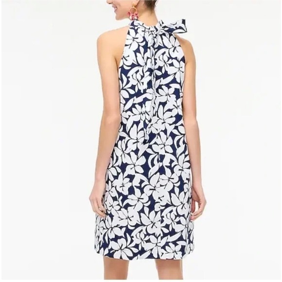 J Crew Bow Neck Halter Cotton Mini Floral Tropical Shift Dress Navy White Size 0 - Picture 7 of 17